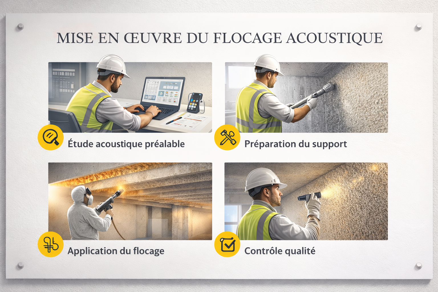 Projection de flocage acoustique lors de la mise en œuvre technique sur chantier